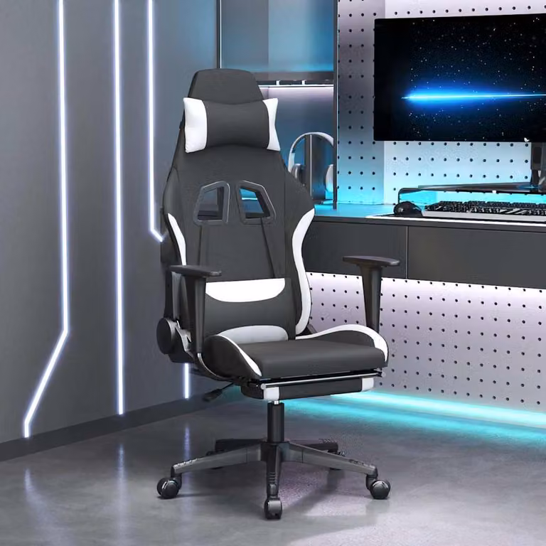 Sedia da Gaming vidaXL con Poggiapiedi, Tessuto, Nero e Bianco