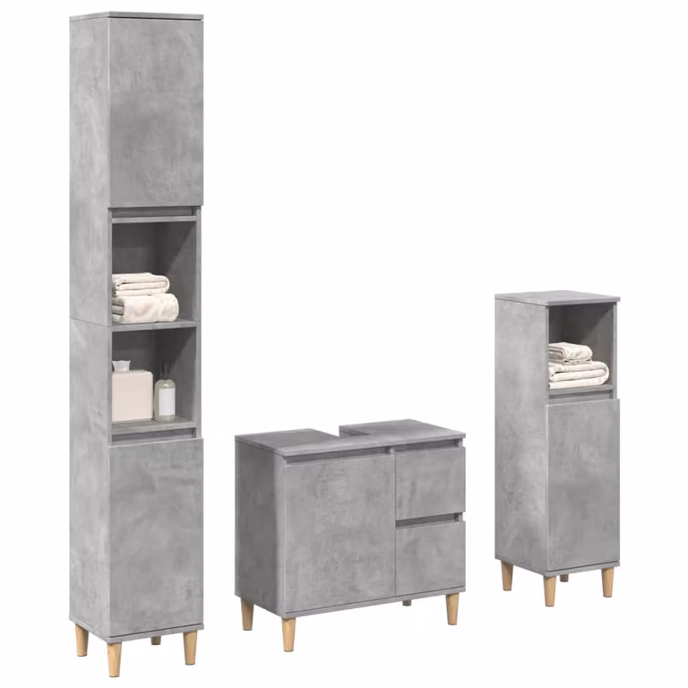 Set di mobili da bagno vidaXL in legno multistrato grigio, composto da 3 pezzi: mobile lavabo, colonna alta e mobile laterale, con design moderno a parete