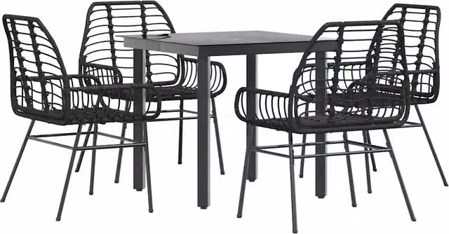 Set da pranzo da giardino moderno in 5 pezzi in polyrattan nero con piano in vetro