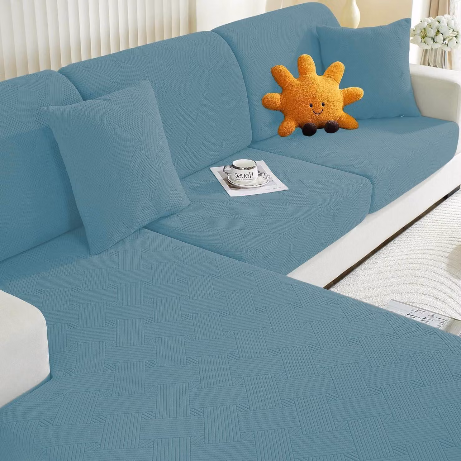 Copertura per cuscino da seduta, elasticizzata, azzurra chiara, per 1 posto, 3 posti + chaise longue, motivo geometrico, antiscivolo, protezione a 360°