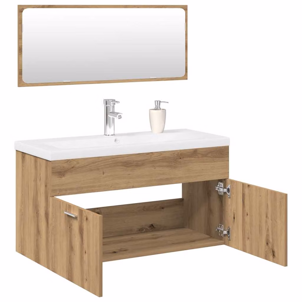 Set di mobili da bagno moderno vidaXL in 3 pezzi color rovere e bianco con mobile lavabo e armadietto specchio in legno e vetro L/P/H: 90,0 x 38,5 x 46,0 cm