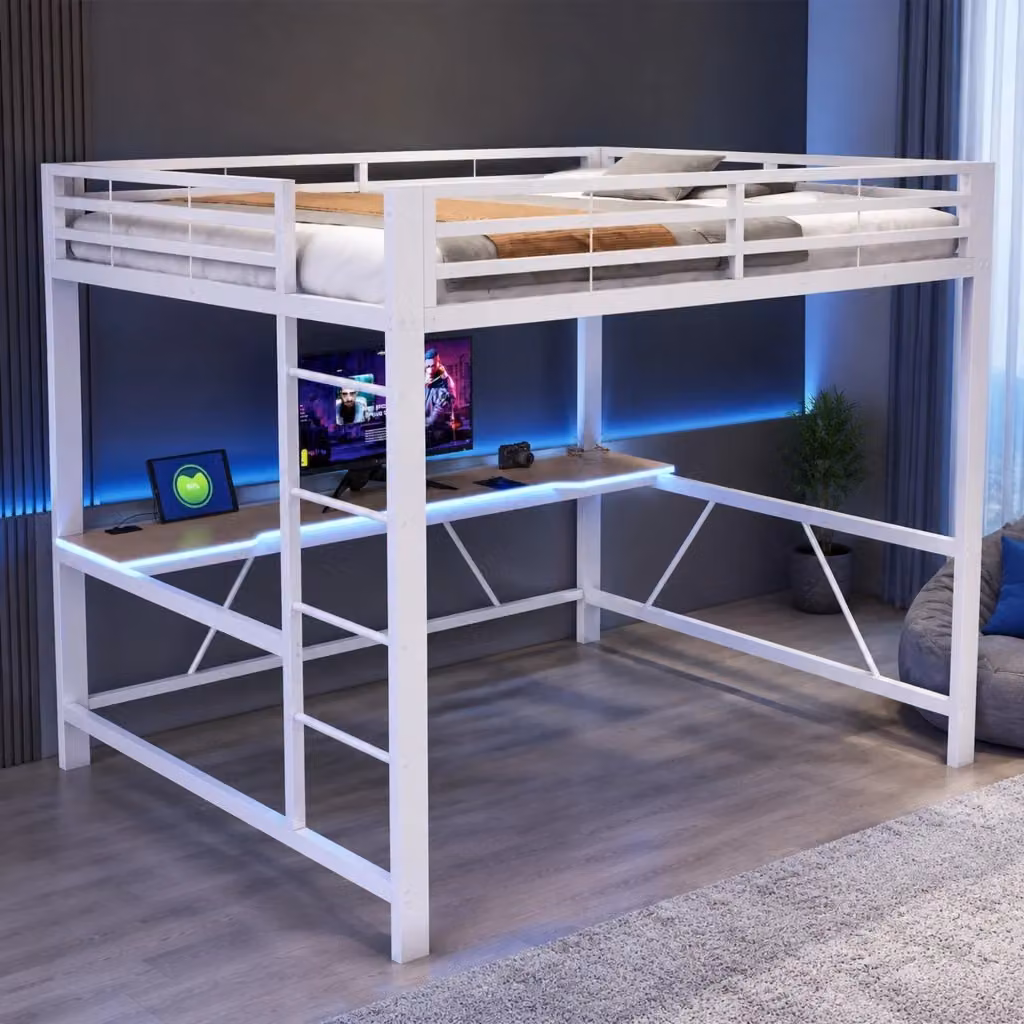 Letto a soppalco Mivray con scrivania gaming, illuminazione LED e porta USB in metallo e MDF, bianco e multicolore, L/P: 160 x 200 cm, H: 204 cm – 2