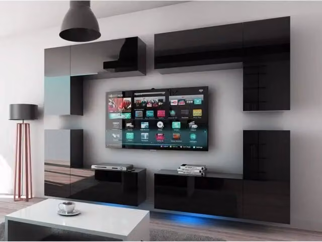 Set di mobili da soggiorno modulari Meublorama collezione CEPTO XX nero opaco con illuminazione LED sospesa, 8 pezzi, L: 260 cm
