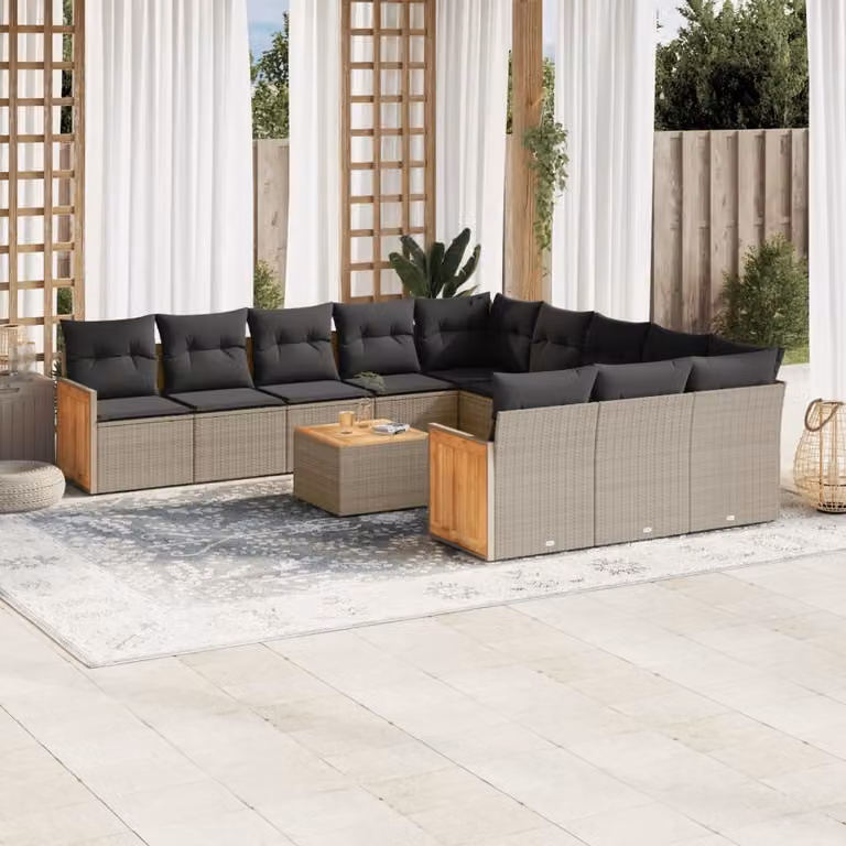 Set di divani da giardino vidaXL in polyrattan grigio con cuscini, tavolino e sedute componibili per esterno