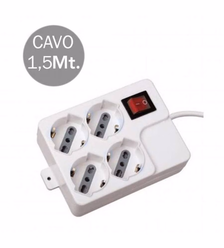 Multipresa V-TAC con 4 Prese 10/16A 2P+T Bipasso e Schuko, Interruttore Luminoso e Cavo da 1,5 m, Colore Bianco