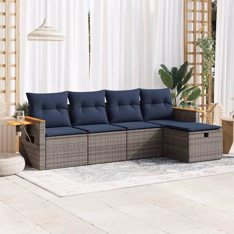 Set Divano da Giardino vidaXL 5 pz a Forma a L con Cuscini Grigio e Blu in Polyrattan e Metallo
