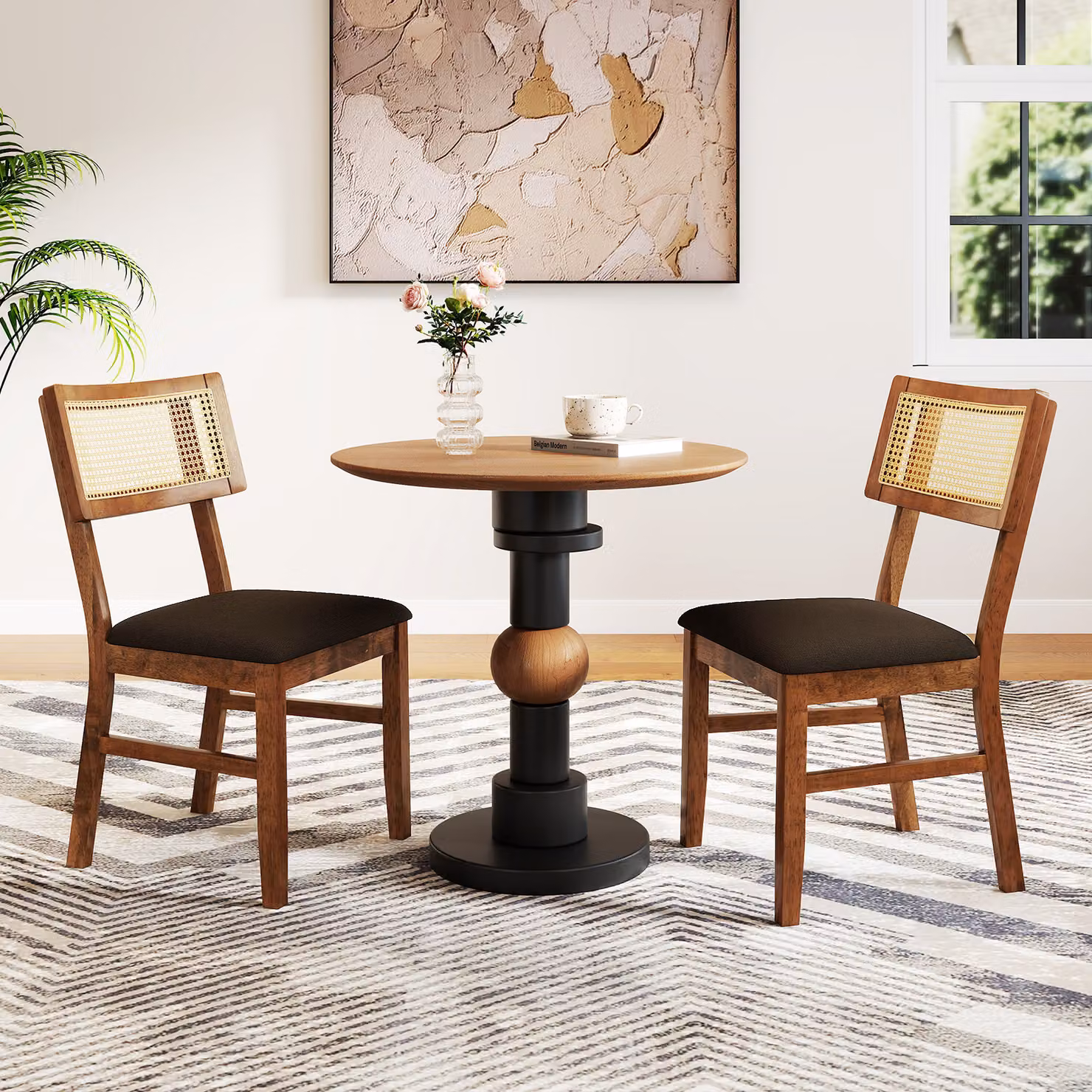 Set di 2 sedie da pranzo Costway in stile boho con schienale in rattan intrecciato e seduta in velluto marrone, ideali per soggiorno e cucina
