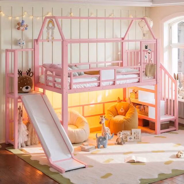 Letto a soppalco per bambini 90×200 cm con scivolo, scala e LED Bluetooth, senza materasso, rosa