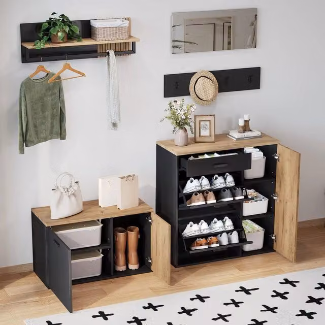 Set ingresso con appendiabiti specchio scarpiera e panca ¨C Minimal ¨C bianco legno rovere salvaspazio