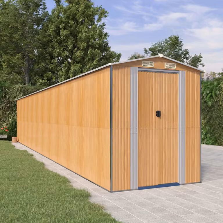 Capanno da giardino vidaXL in acciaio zincato marrone chiaro con porta scorrevole e ventilazione laterale L/P/H: 1021 x 192 x 223 cm