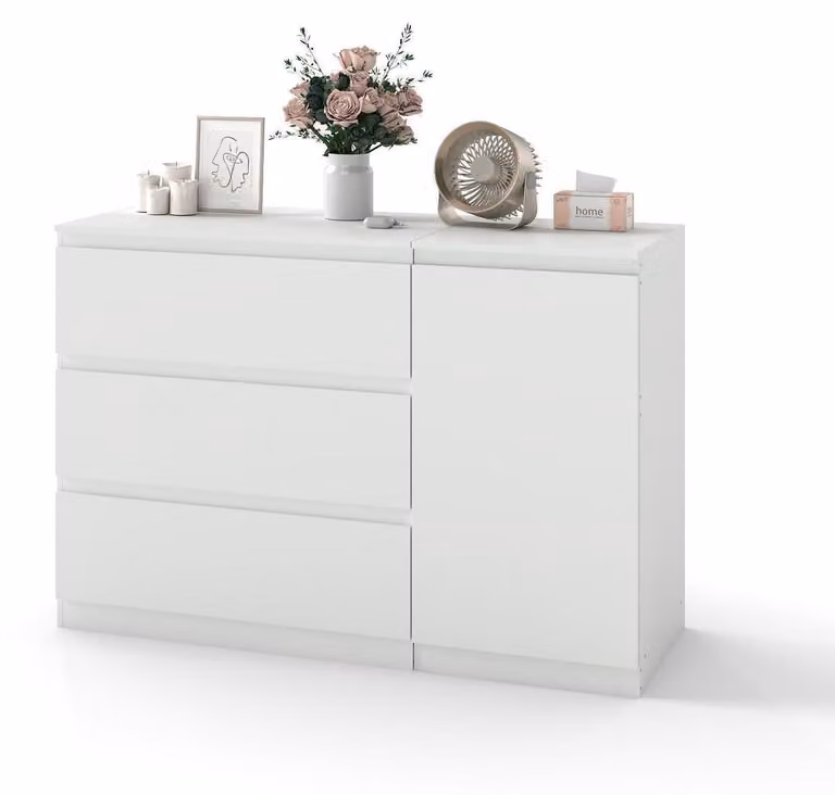 Comodino bianco con 3 cassetti e 1 anta | Mobiletto contenitore per soggiorno e camera da letto | Larghezza 40 cm