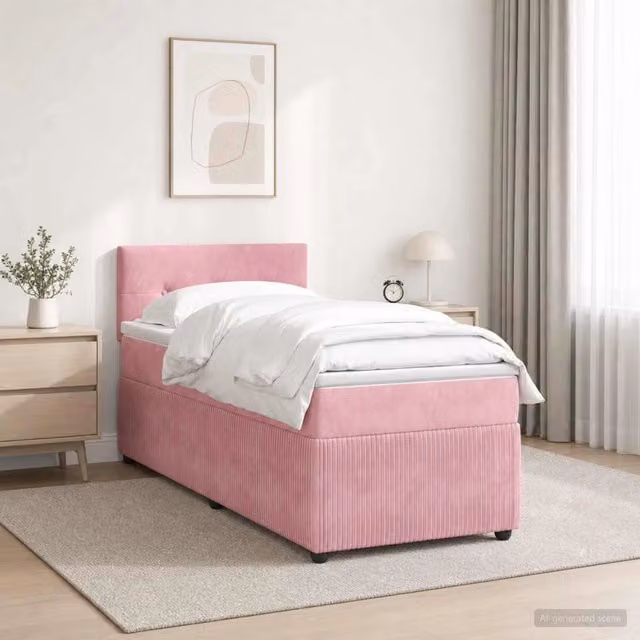 Letto box spring con materasso ibrido vidaXL in velluto rosa e bianco, L/P/H: 90 x 200 cm