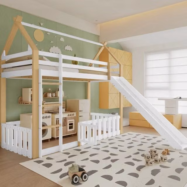 Letto a castello 90x200 cm con scivolo e tetto in legno; MDF e compensato bianco e naturale