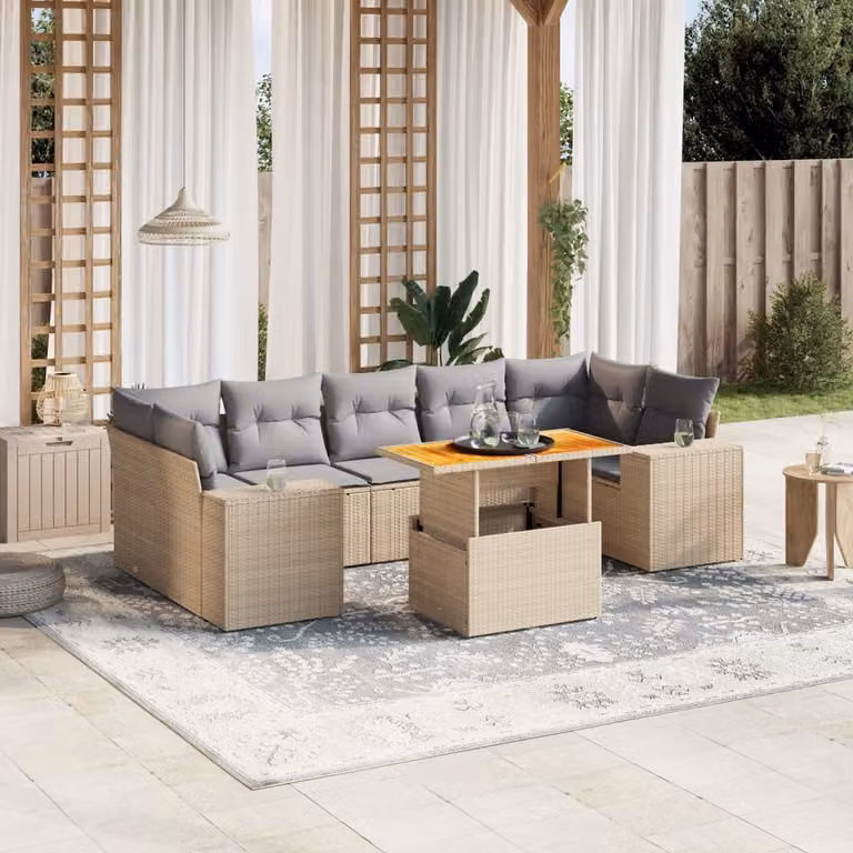 vidaXL Set Divano da Giardino 8 pz a L in Polyrattan con Cuscini Beige e Grigio e Tavolino da Esterno