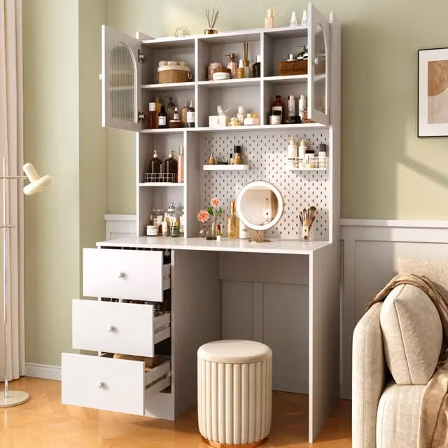 Scrivania da ufficio WISHDOR bianca con libreria e vetrina in MDF e vetro L: 100 cm, P: 55 cm, H: 180 cm – 1