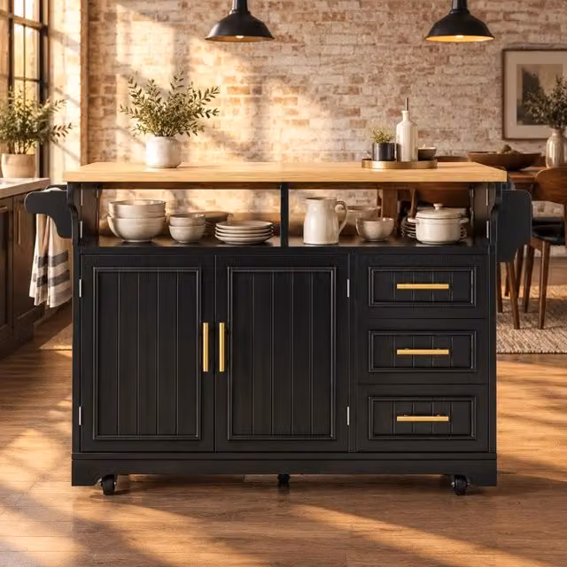 Carrello da cucina su ruote con 3 cassetti e ripiani regolabili, piani ribaltabili, in MDF nero, 120 × 40 × 95 cm