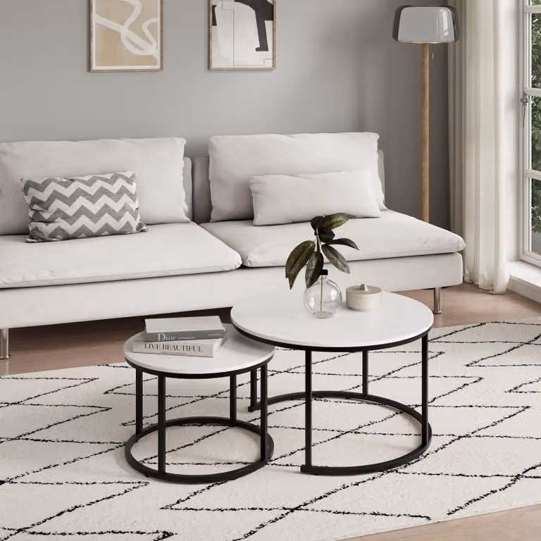 Set di 2 tavolini rotondi in legno, tavolo da soggiorno moderno in bianco, set di tavolini 2 in 1 con struttura in metallo per soggiorno