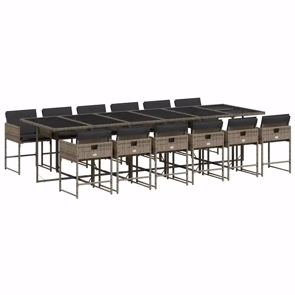 Set da pranzo da giardino vidaXL in polyrattan con cuscini e piano in vetro, 13 pezzi, grigio e nero – 2