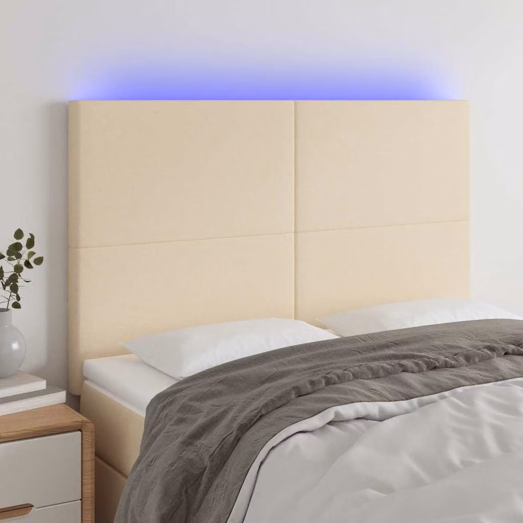 Testiera per letto con illuminazione LED e porta USB vidaXL in tessuto beige, L: 144 cm, P: 5 cm, H: 118-128 cm