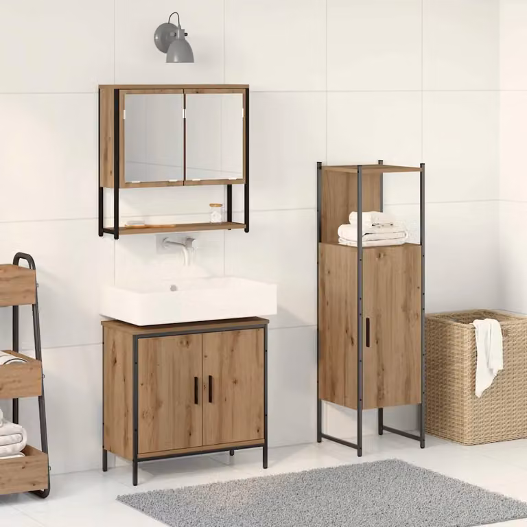 Set di mobili per il bagno vidaXL 3 pezzi Marrone e Nero, composto da armadietto con specchio, mobile lavabo e pensile, H x L x P: 113,5 x 33 x 33 cm