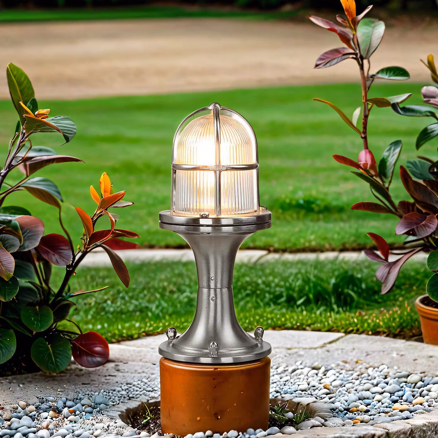 Lampada da terra per esterni IP54 nichel E27 25 cm vetro vero ottone Luce di percorso marittimo cortile terrazza