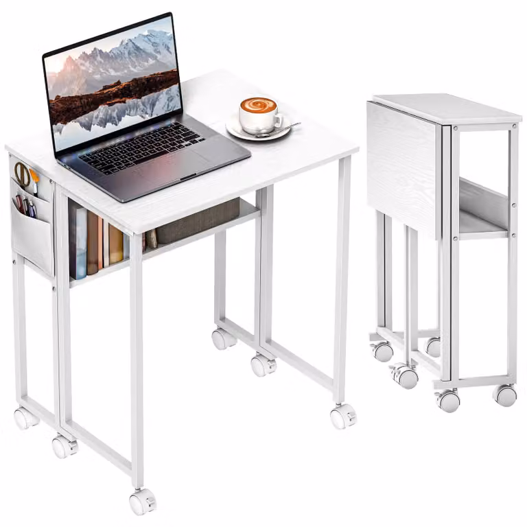 Tavolo pieghevole – Scrivania pieghevole con ruote – Larghezza 63 cm – Struttura in metallo – Piano d'appoggio – Borsa portaoggetti – Bianco