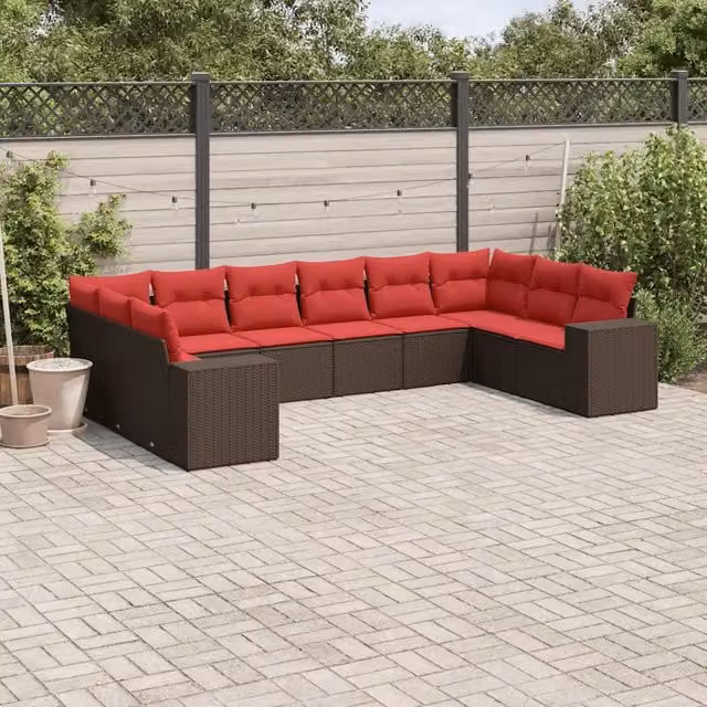 Set Divani da Giardino 10 pz con Cuscini Marrone in Polyrattan 3223073