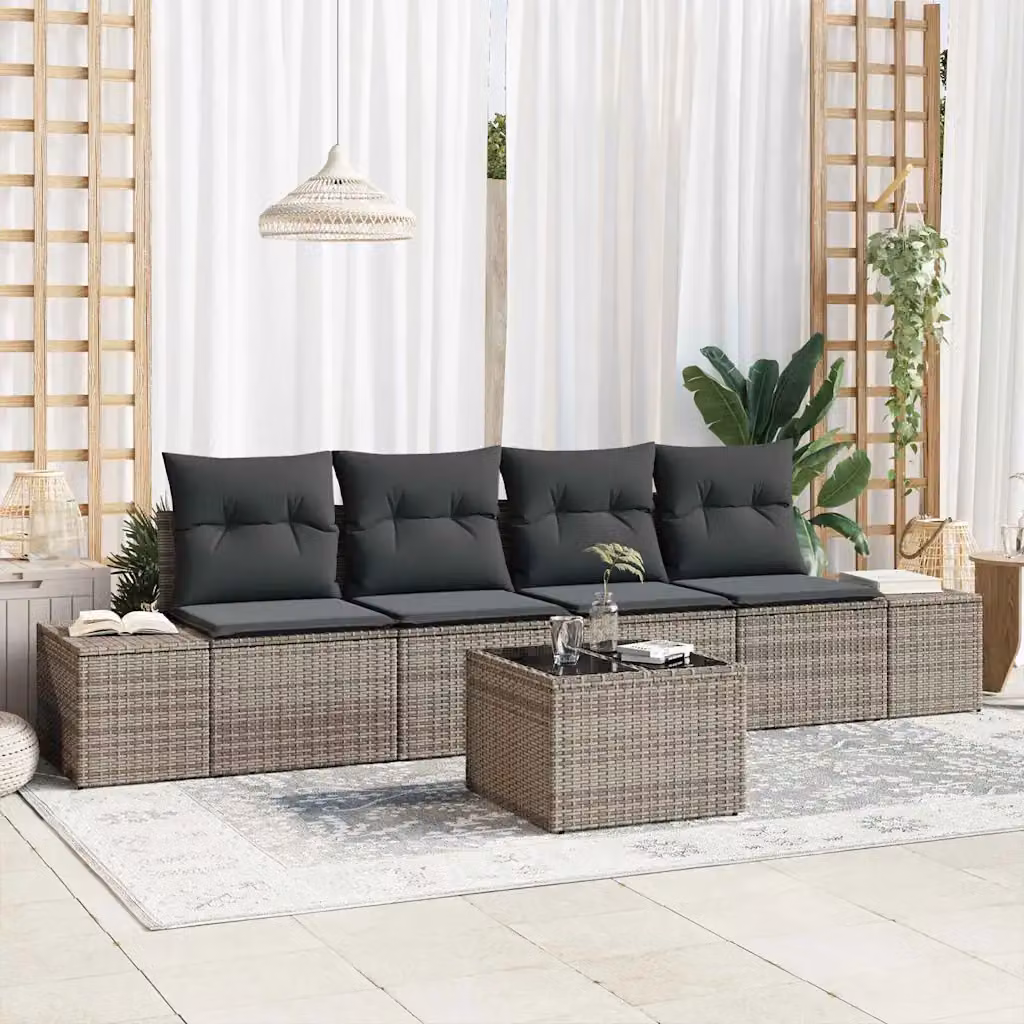 Set di mobili da giardino vidaXL composto da 5 pezzi in rattan grigio con cuscini e tavolino da esterno – 1