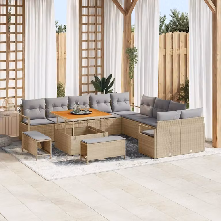 Set Divano da Giardino Moderno vidaXL in Polyrattan e Legno di Acacia, 13 Pezzi, Beige