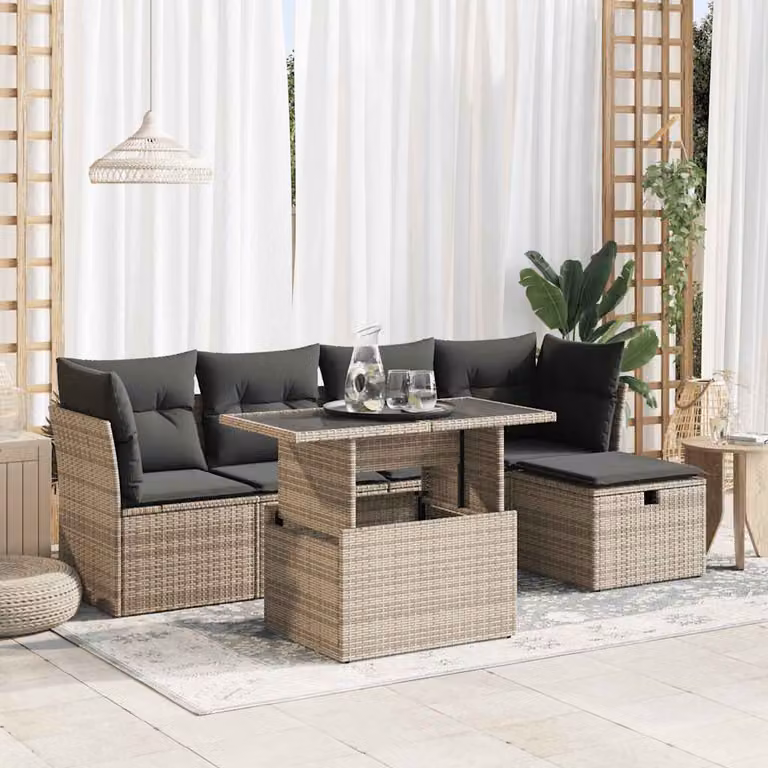 Set Divano da Giardino vidaXL 6 pz in Polyrattan Grigio con Cuscini