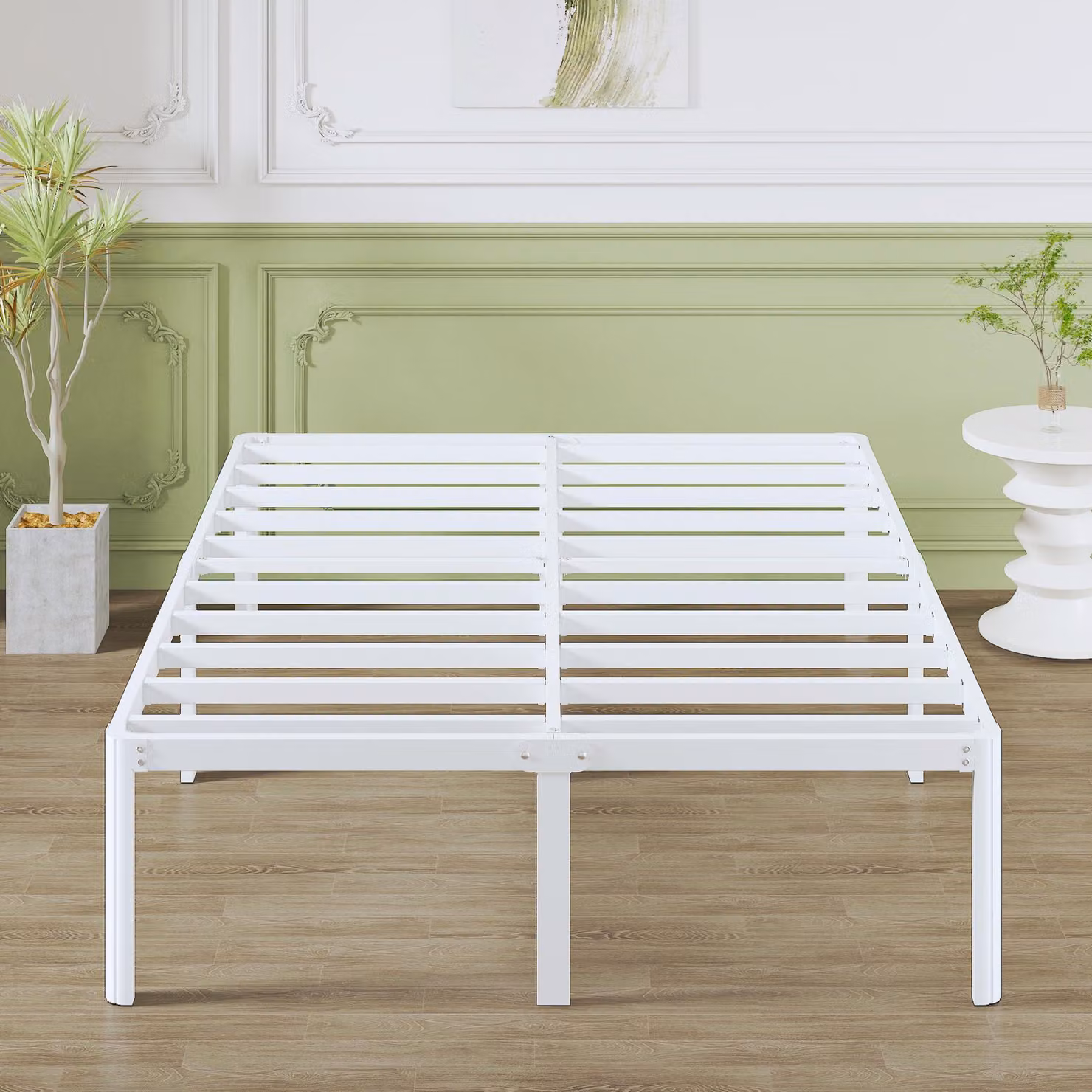 Letto in metallo, dimensioni 160x190 cm, colore bianco, con rete a doghe, angoli arrotondati, altezza 46 cm
