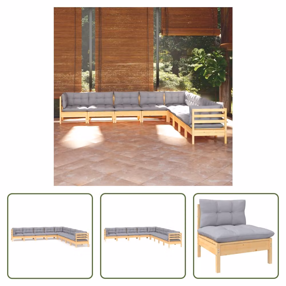 The Living Store Set da 9 pezzi per salotto da giardino con cuscini grigi in legno di pino massiccio