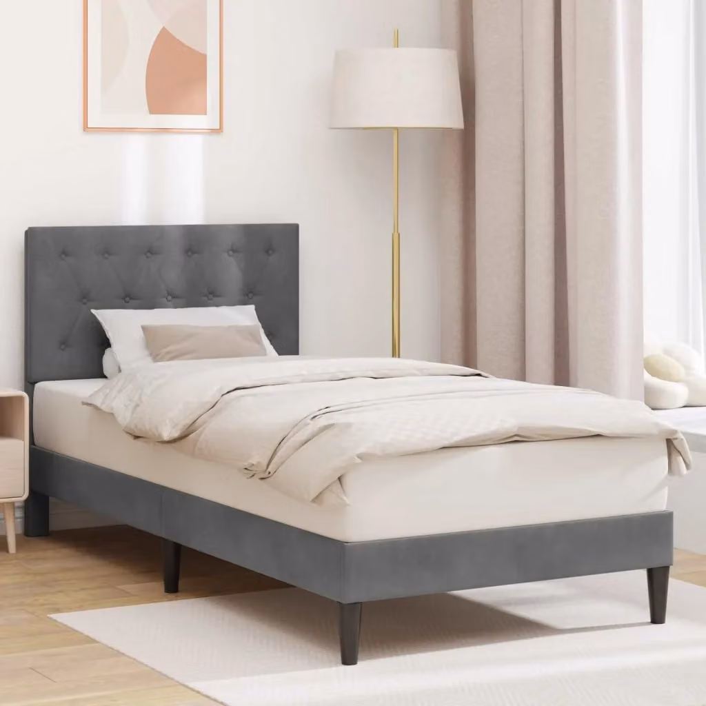 Letto singolo moderno in velluto grigio con struttura imbottita L/P/H: 190 x 90 x 94 cm – 2
