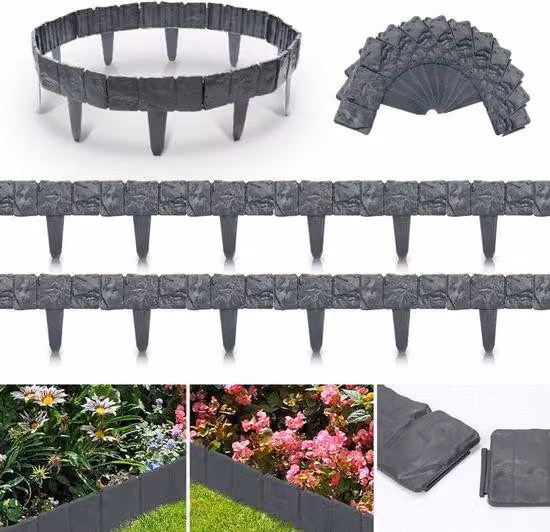 Set di bordure per prato in plastica effetto pietra, 80 pezzi, antracite, 20 m