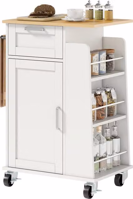 Carrello da cucina Minimal in legno bianco con cassetto, armadietto e portasciugamani, L: 62 cm, P: 40 cm, H: 87 cm