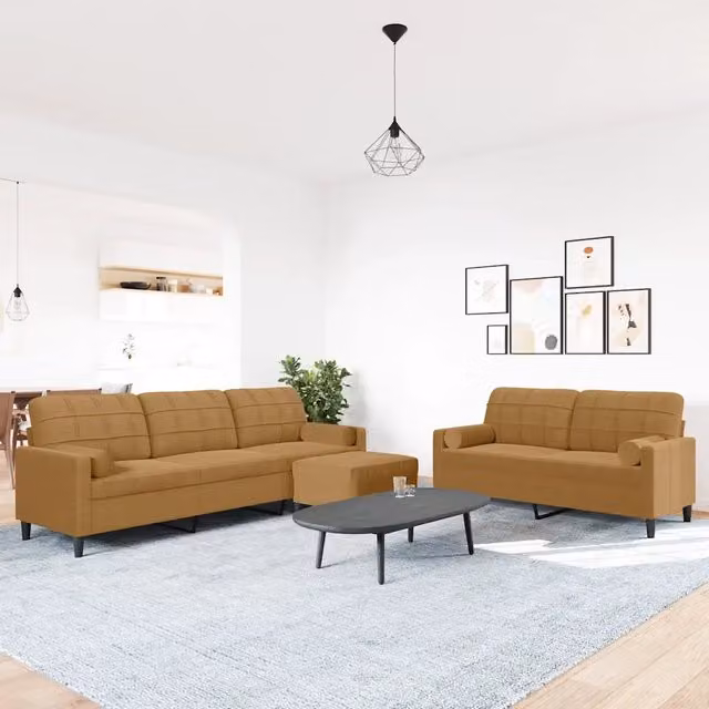 Set di divani moderno vidaXL in velluto marrone composto da divano a 3 posti, divano a 2 posti e pouf con cuscini e struttura in metallo – 1