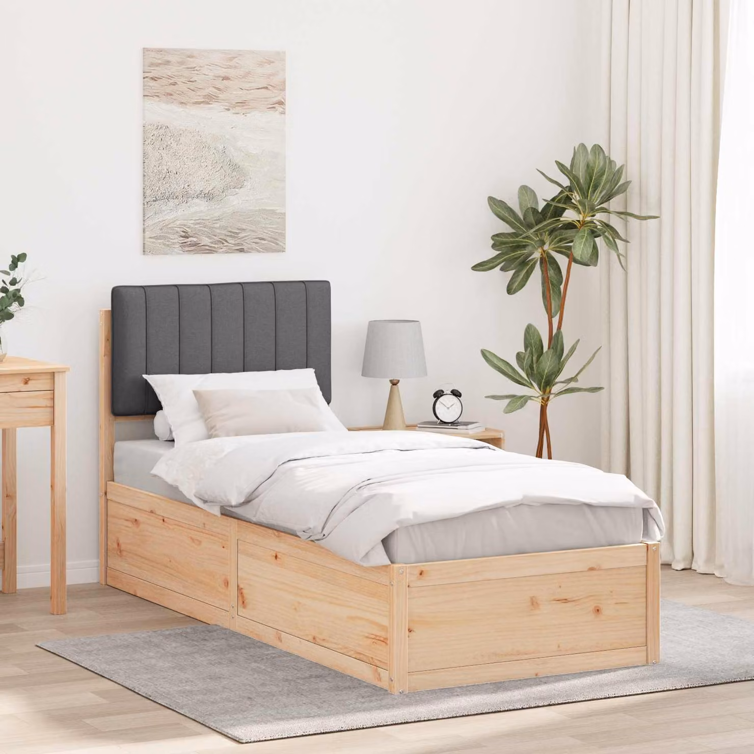Letto con testiera rivestita vidaXL in legno di pino e tessuto grigio L 80 cm x P 200 cm – 1