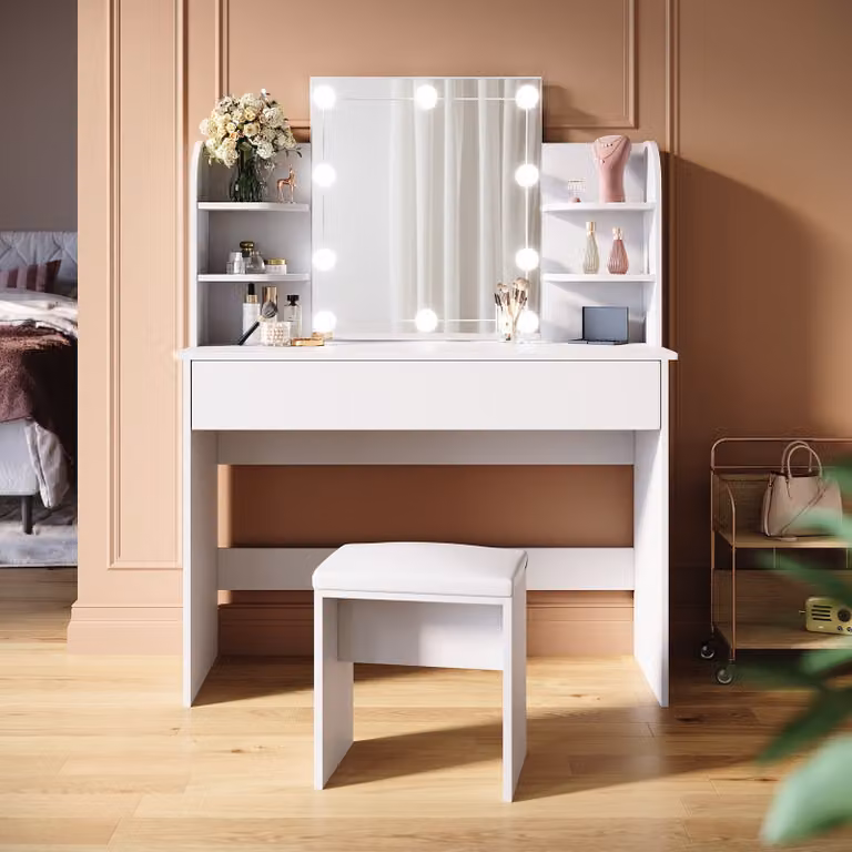 SONNI tavolo da toilette bianco con sgabello e illuminazione tavolo da toilette con specchio, con cassetto, 1080x400x1400mm