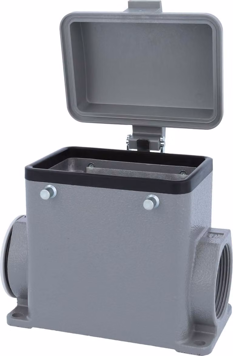 HARTING Han 32A Alloggiamento base alto, 1xPG29 uscita cavo laterale, per 2 staffe (nella parte superiore) con cappuccio protettivo in plastica