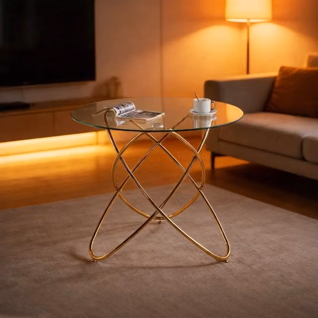 Tavolo da pranzo rotondo Mivray con piano in vetro lucido e struttura in metallo color oro per cucina e soggiorno – 1