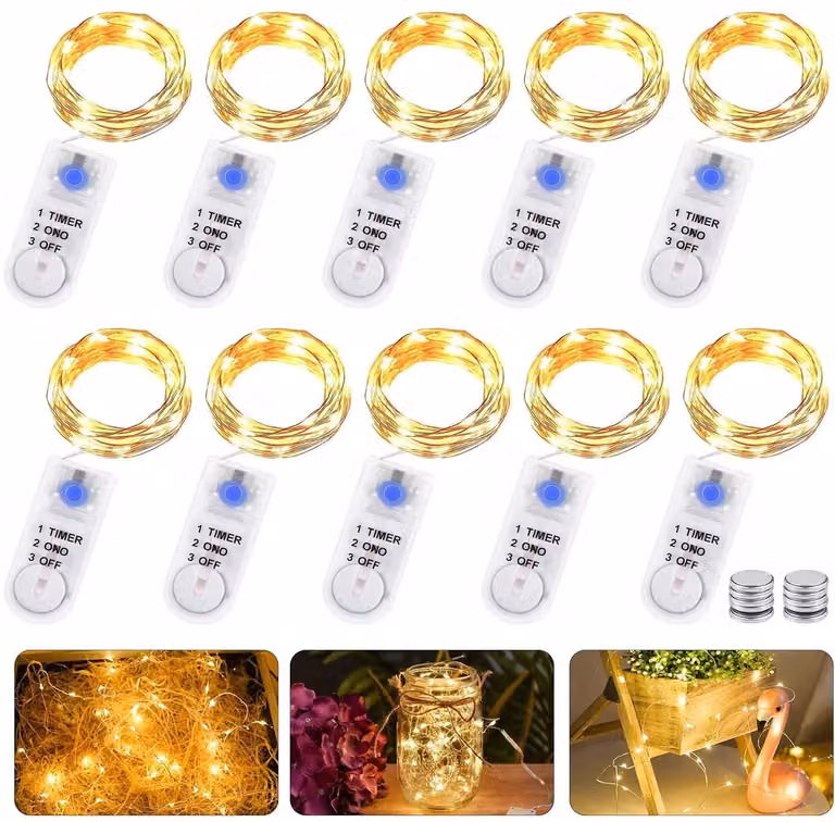 Set di 10 catene luminose a LED, lunghezza 2 metri, 20 LED, luce bianco caldo, con timer, grado di protezione IP65