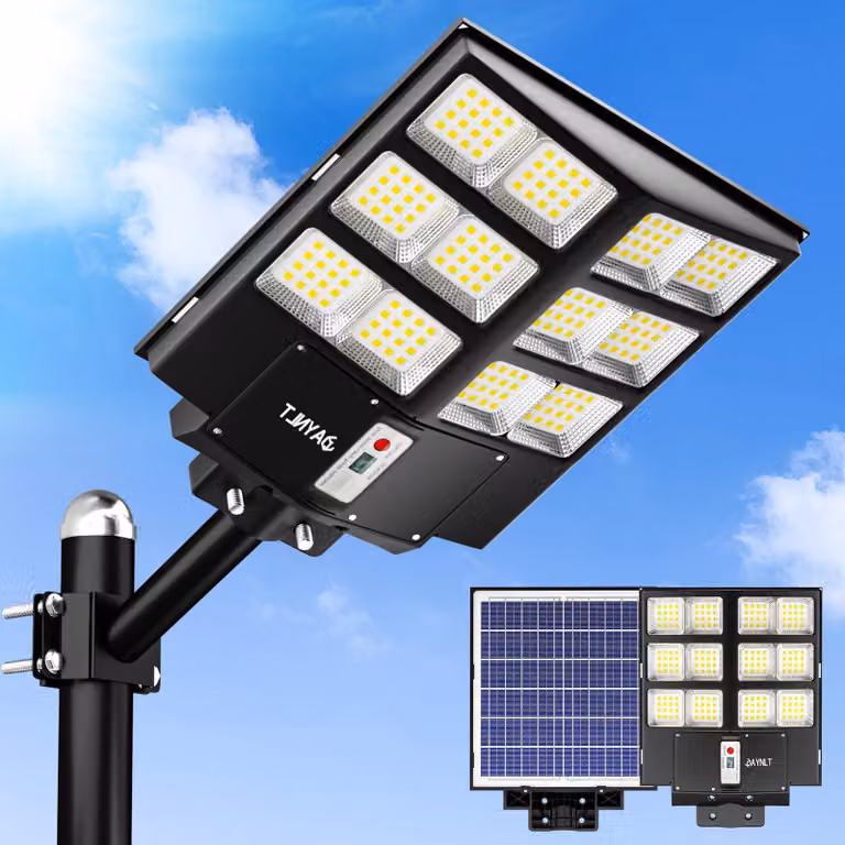 Lampione solare da 2000W, temperatura di colore 6500K, grado di protezione IP67, sensore di movimento, ideale per parcheggi
