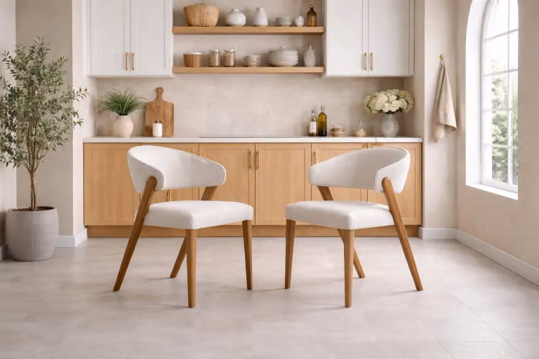 Sedia da pranzo moderna realizzata in legno impiallacciato bianco, con seduta imbottita