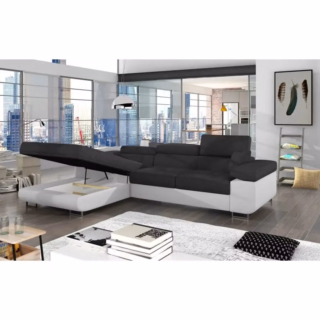 Divano ad angolo convertibile AMANDA MEUBLORAMA grigio e bianco con funzione letto e poggiatesta regolabile L/P/H: 280 x 149 x 90 cm – 2