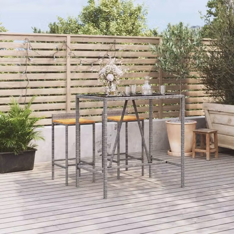 The Living Store Tavolo da bar con piano in vetro grigio 110x70x110 cm in poly rattan