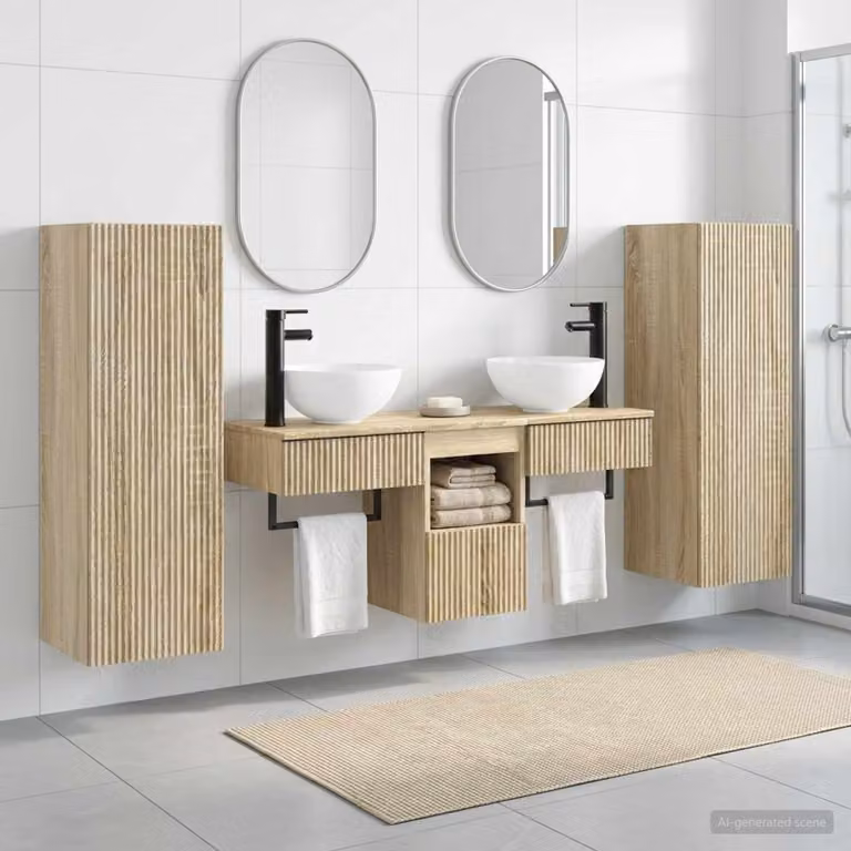 Set di mobili da bagno moderno vidaXL in 5 pezzi color marrone con vanità e pensili a parete