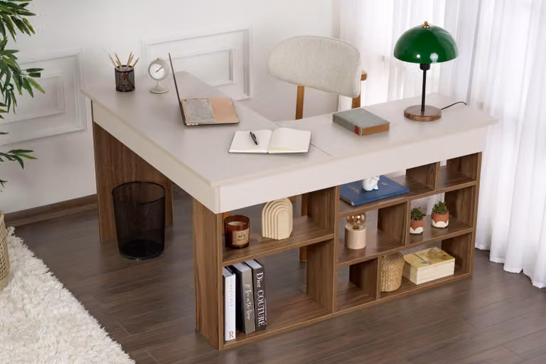 Skye Decor, scrivania moderna in pannello truciolare rivestito al 100% in melamina, 130 x 72 x 120 cm, nei colori Cashmere e Noce | Spessore 18 mm | Ideale per l'ufficio in casa e lo studio, design elegante.