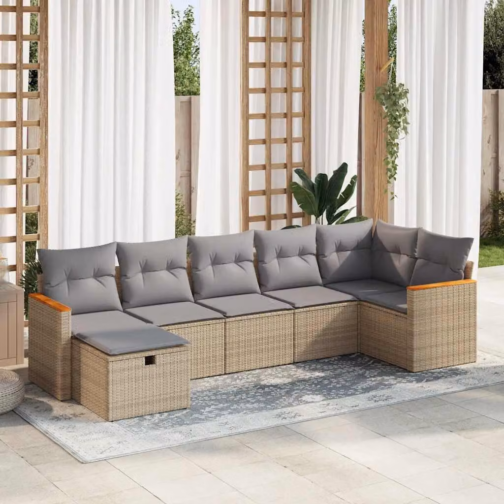 Set di divani da giardino vidaXL in polyrattan beige con cuscini, forma a L e struttura in legno di acacia per esterno