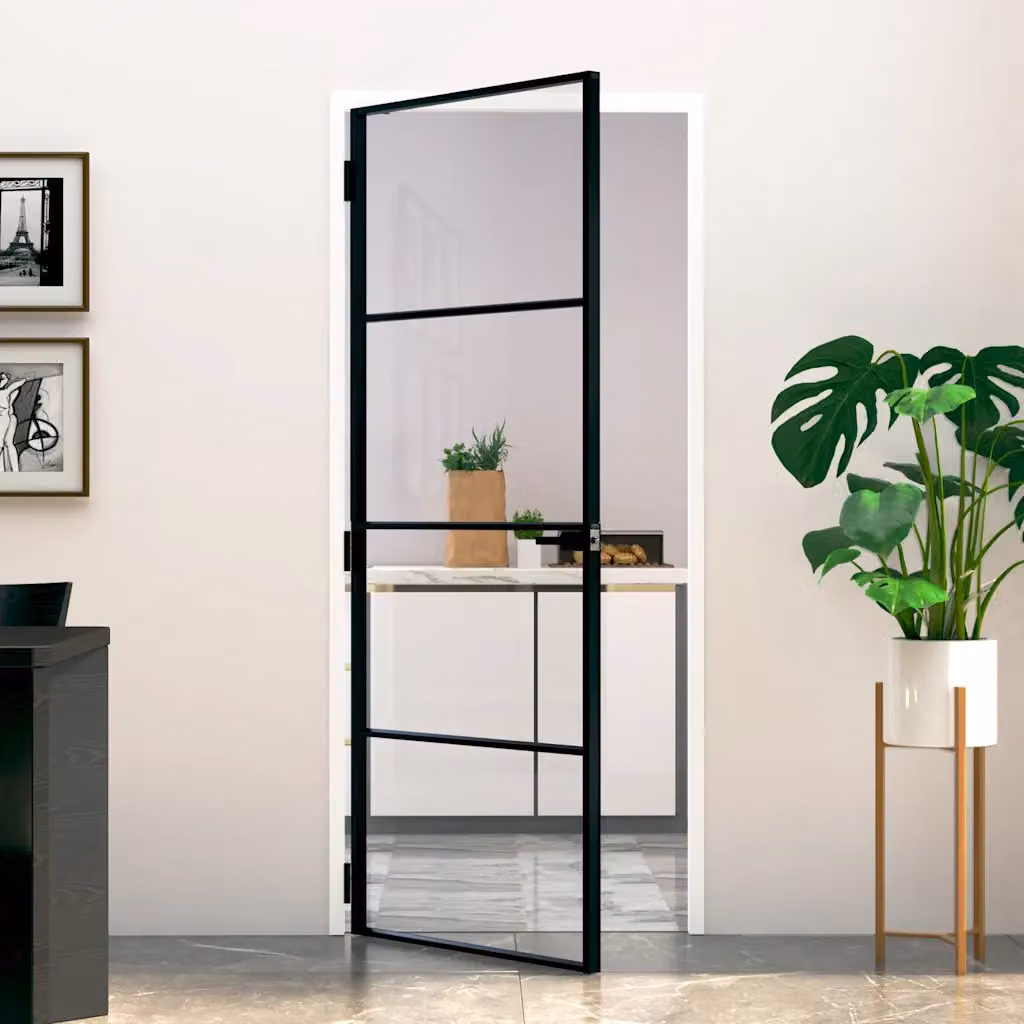 Porta interna moderna vidaXL in alluminio e vetro temperato trasparente, colore nero, L: 83 cm, H: 201,5 cm