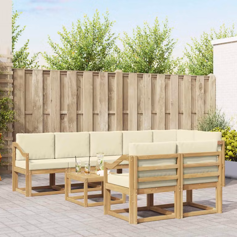 vidaXL Set di divani da esterno a forma di U in legno di acacia con tavolino da caffè, 9 pezzi, Bianco, Beige e Marrone